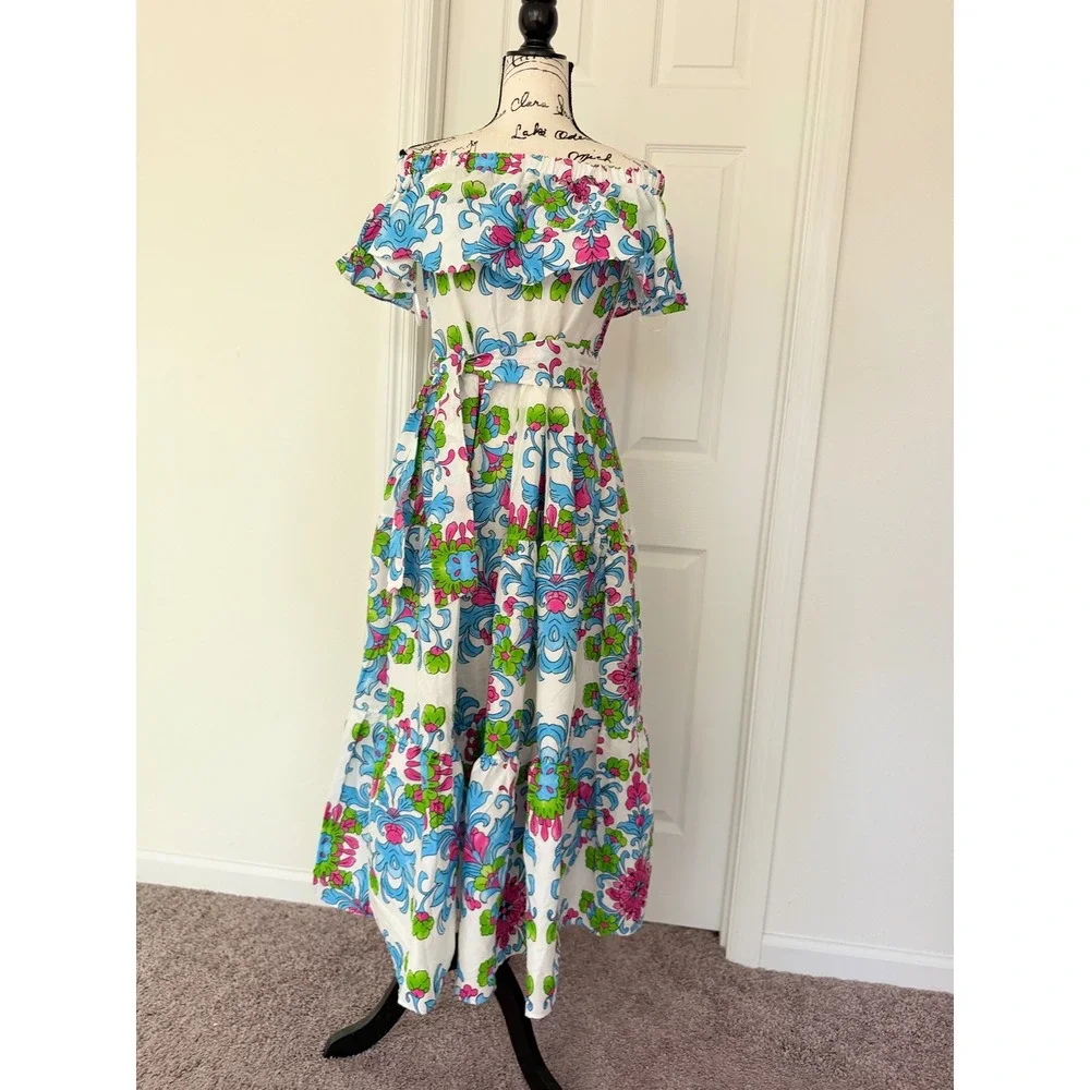 Fame Istanbul Floral Off Shoulder Maxi Dress White Blue Pink Green Tiered M - Picture 10 of 14